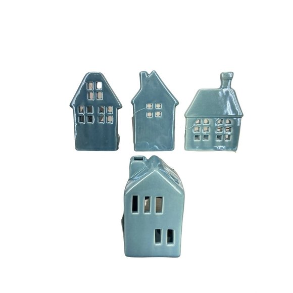 Woodland Wonders Blue Ceramic Candleholders Farmhouse Homes 4 Piece Set - Picture 1 of 7